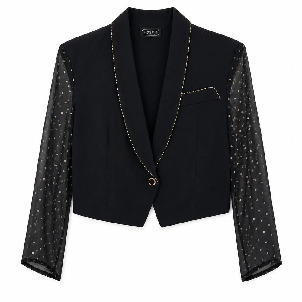 Vintage Tomboy Women's Cropped Blazer Black Gold Sheer Polka Dot Sleeves Large